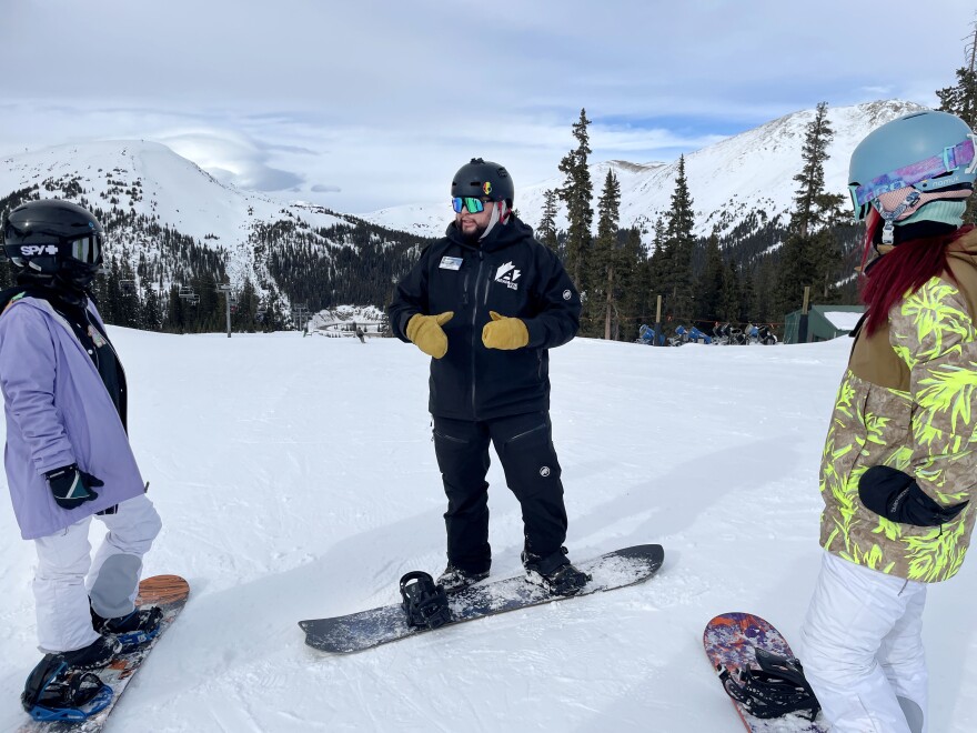 Ski instructor teaching students